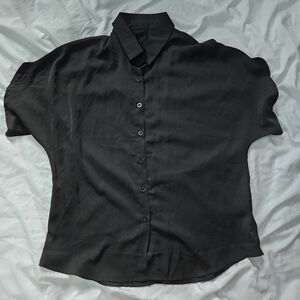 SHEIN Black Short Sleeve Collared Satin Button Up Collared Relaxed Shirt Blouse